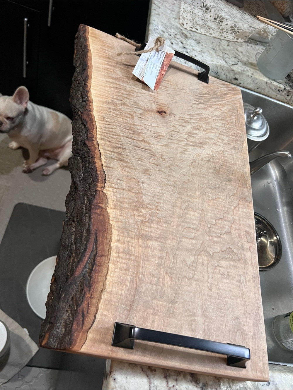 Live Edge Wood Serving Tray with Black Handles - Natural Wood NEW!